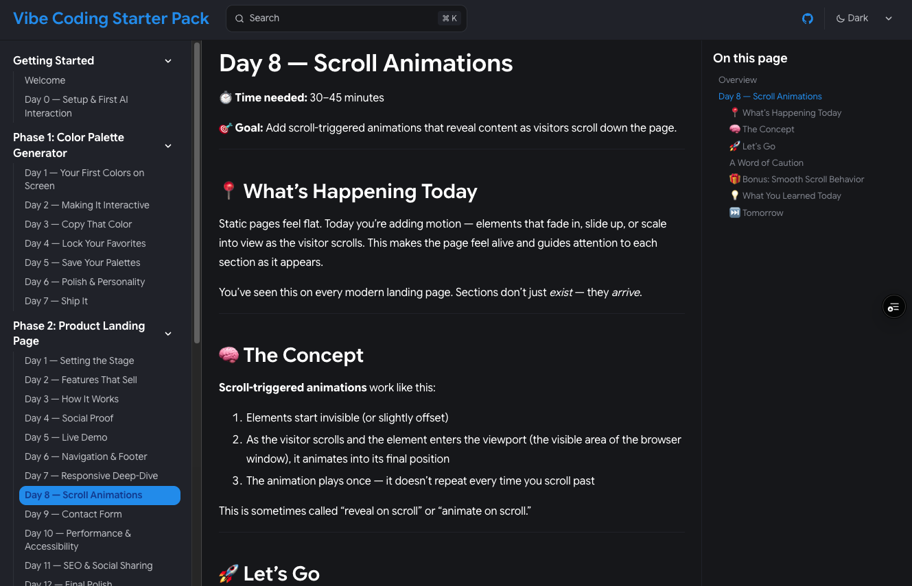 Course content in dark mode