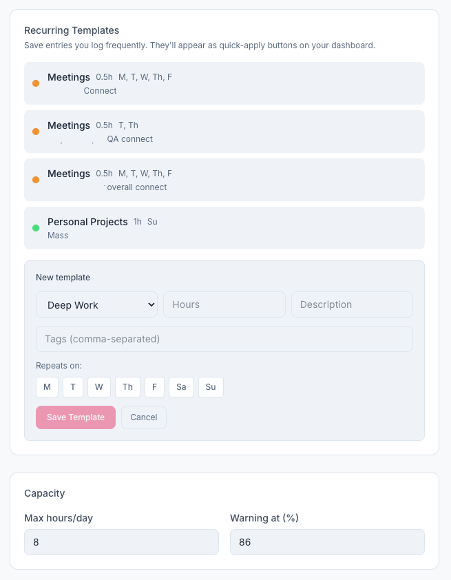 Recurring templates which I added after getting tired of logging the same meeting every single day